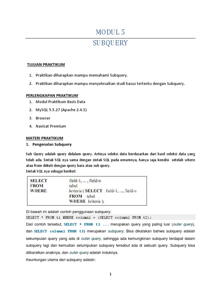 Contoh Penggunaan Subquery dalam SQL | PDF