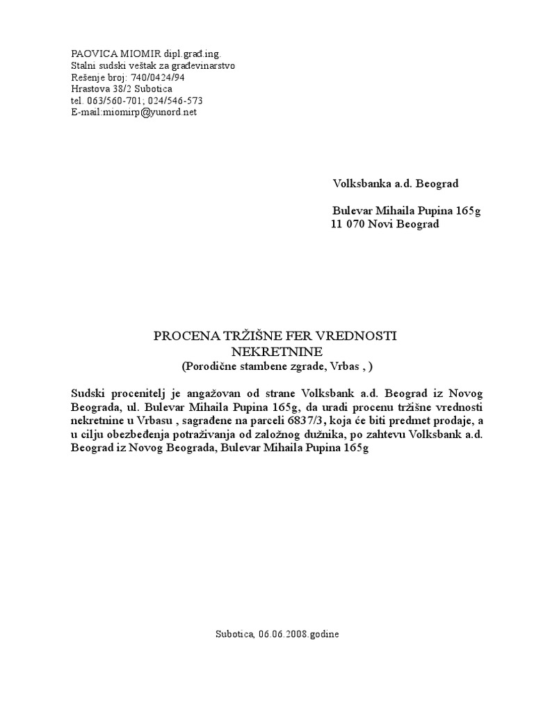 Procena-Stambeni Objekat Vrbas | PDF