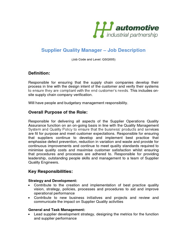 Supplier Quality Manager Generic Jd | Pdf | Business