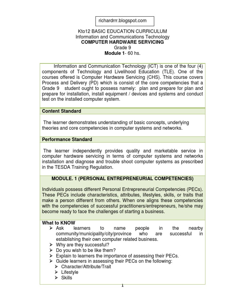 Computer Hardware Servicing Module 1-60 Hs | PDF | Educational ...