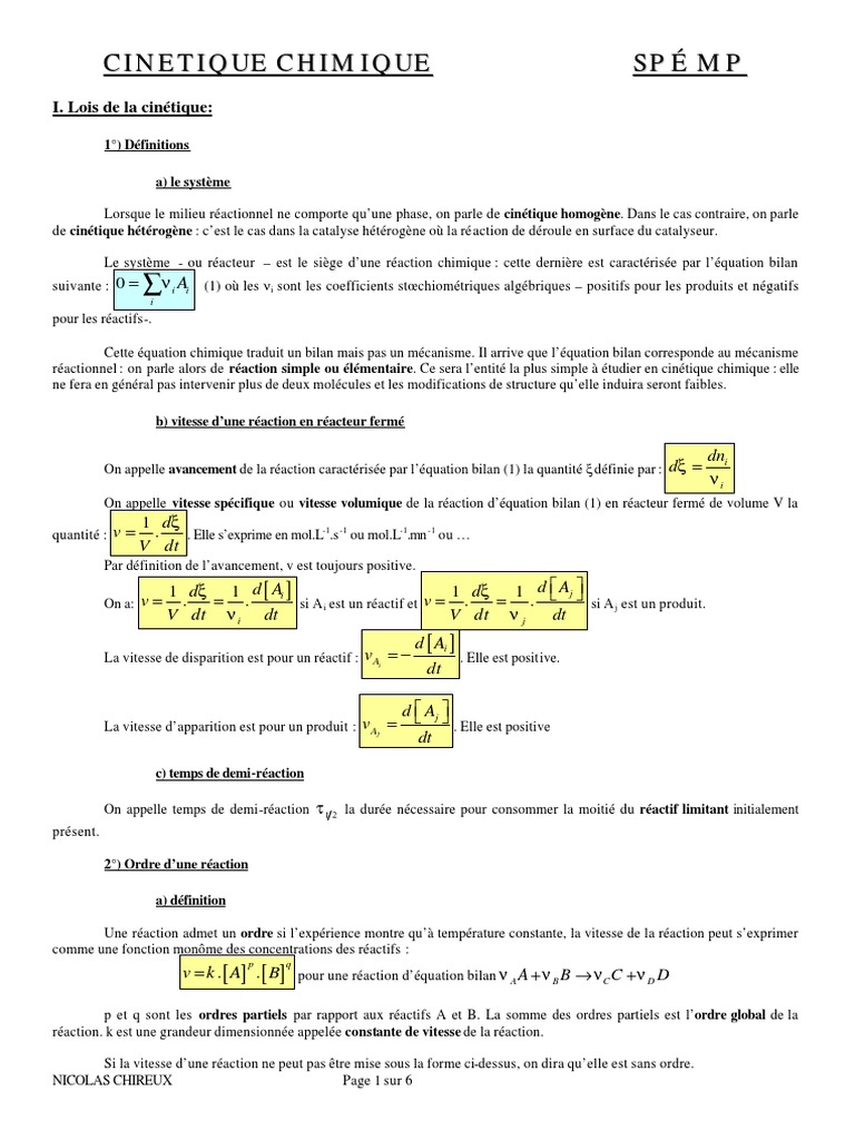Cinétique chimique : Réactions d'ordre 1 | PDF | Cinétique chimique ...