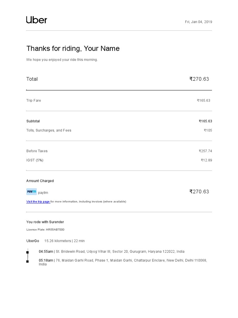 Uber Trip Fare Summary - Jan 2019 | PDF