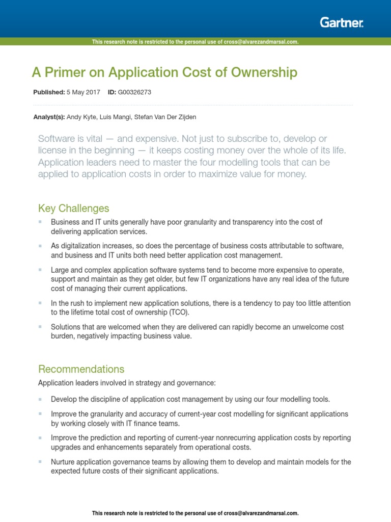 A Primer On Application Cost of Ownership Gartner May 2017 PDF