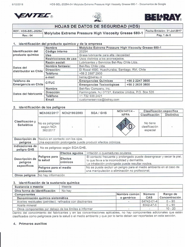 Hoja de Seguridad Molylube Extreme Pressure High Viscosity Grease 6801