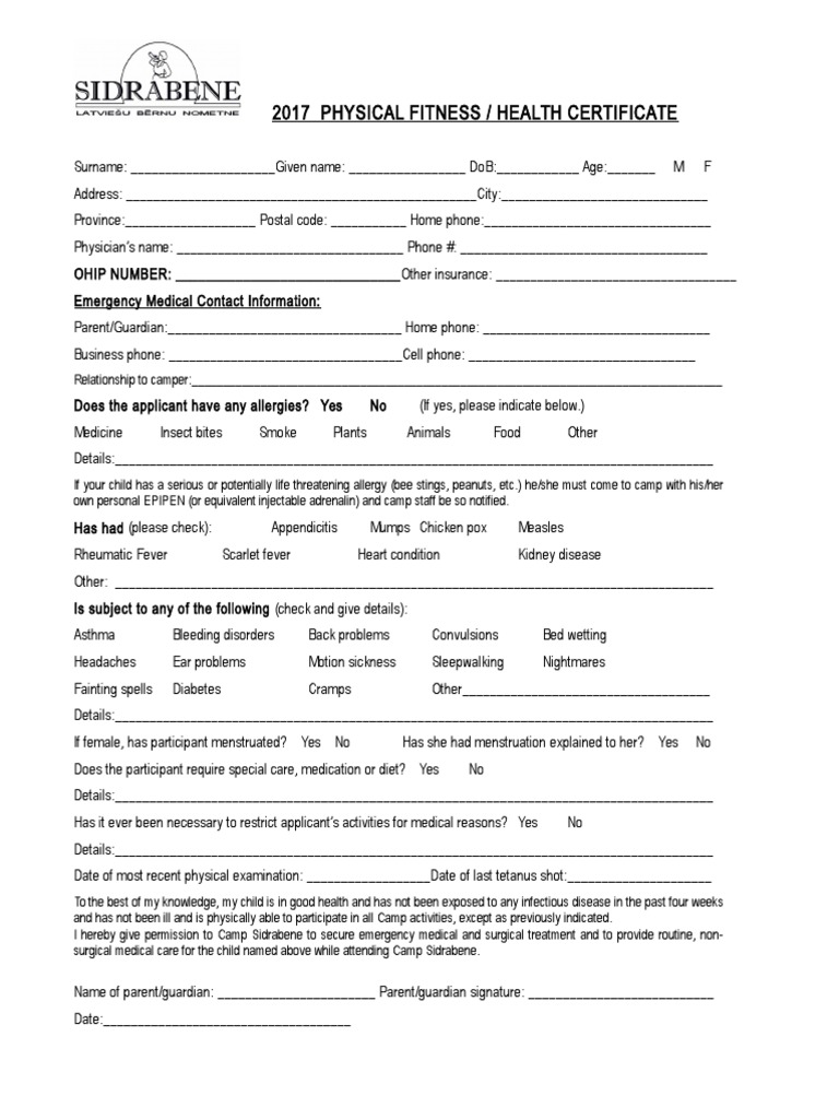 Health Form | PDF | Allergy | Medicine