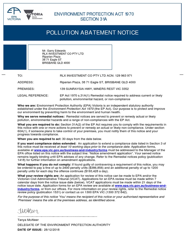 Pollution Abatement Notice - EPA Victoria | PDF | United States ...