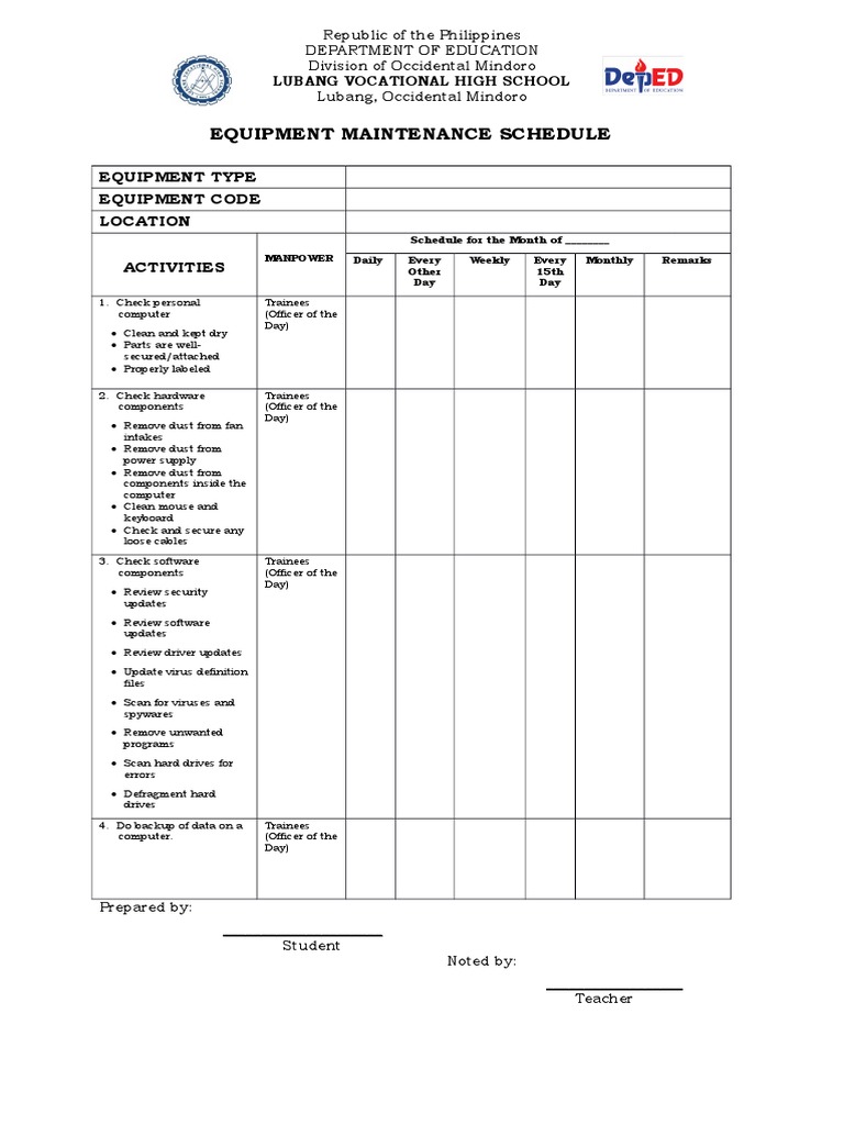 Equipment Maintenance Schedule Equipment Type Equipment Code Location Activities PDF
