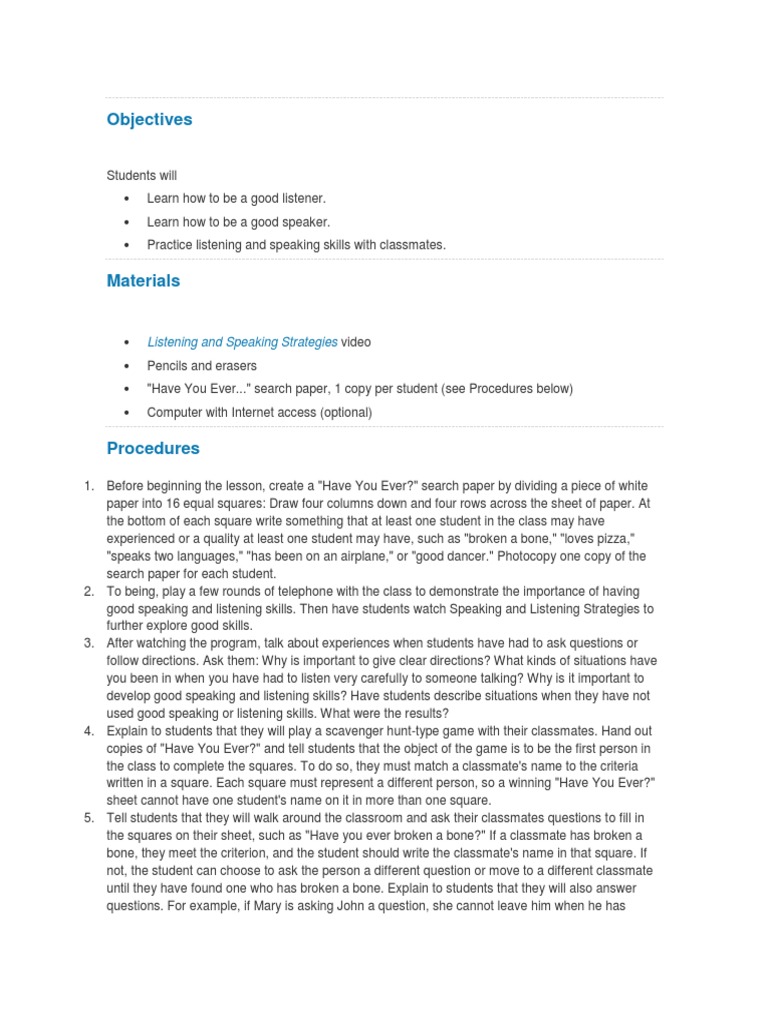 Listening and Speaking | PDF | Lesson Plan | Pedagogy
