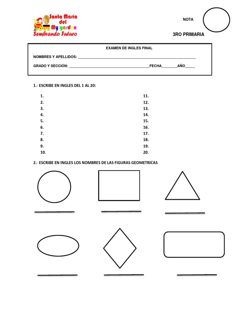 Examen De Ingles Final Nombres Y Apellidos Grado Y Seccion