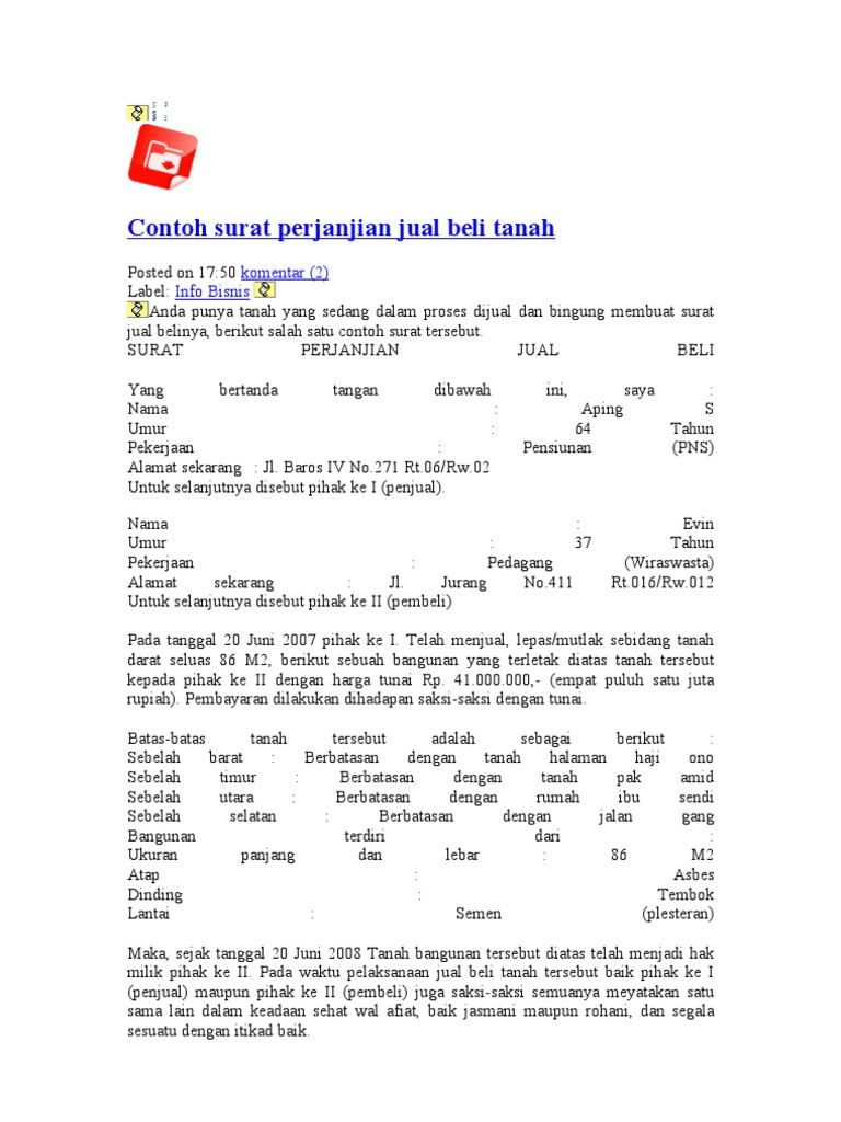 Contoh Surat Perjanjian Jual Beli Tanah  PDF