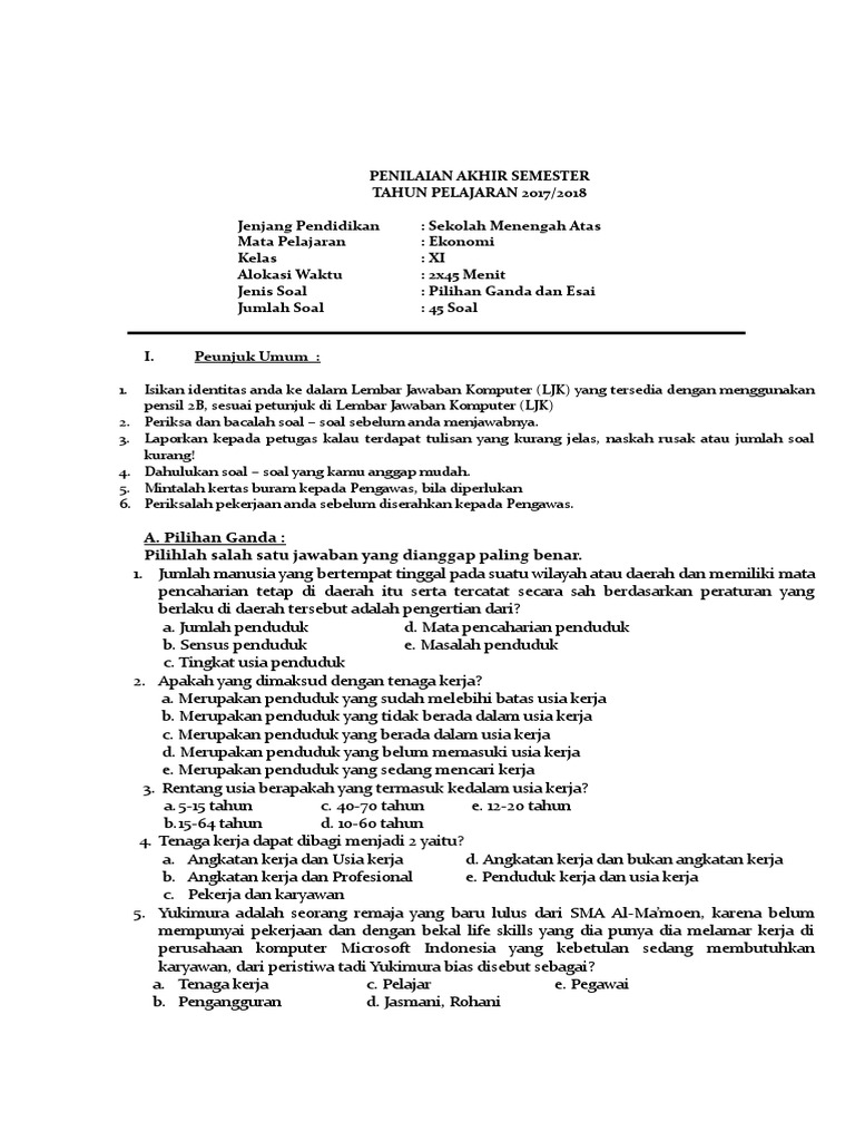 Soal Pas Ekonomi Kelas 11