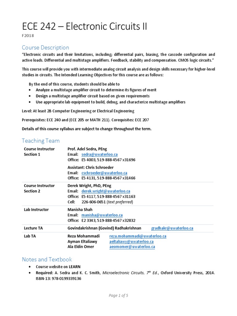 ECE 242 F2018 Outline PDF | PDF | Amplifier | Electronic Engineering