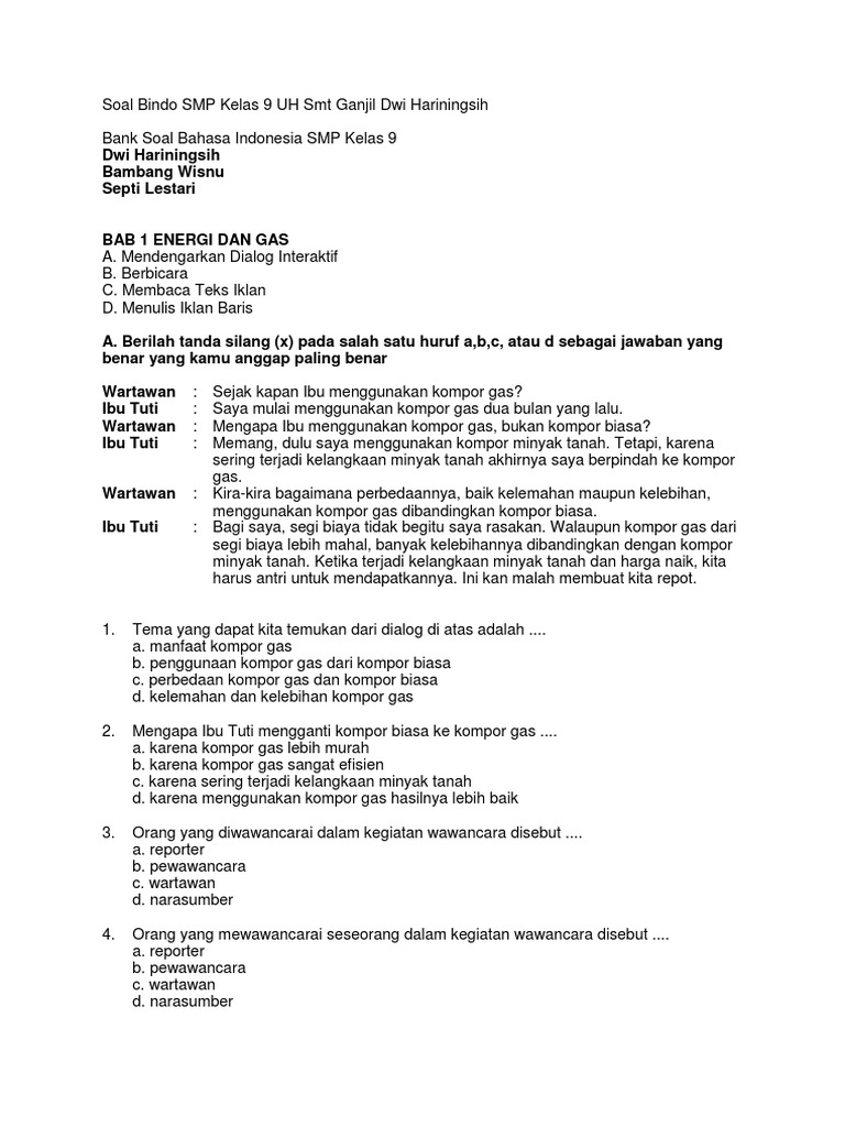 Soal Bindo Smp Kelas 9 Uh Smt Ganjil Dwi Hariningsih Ok