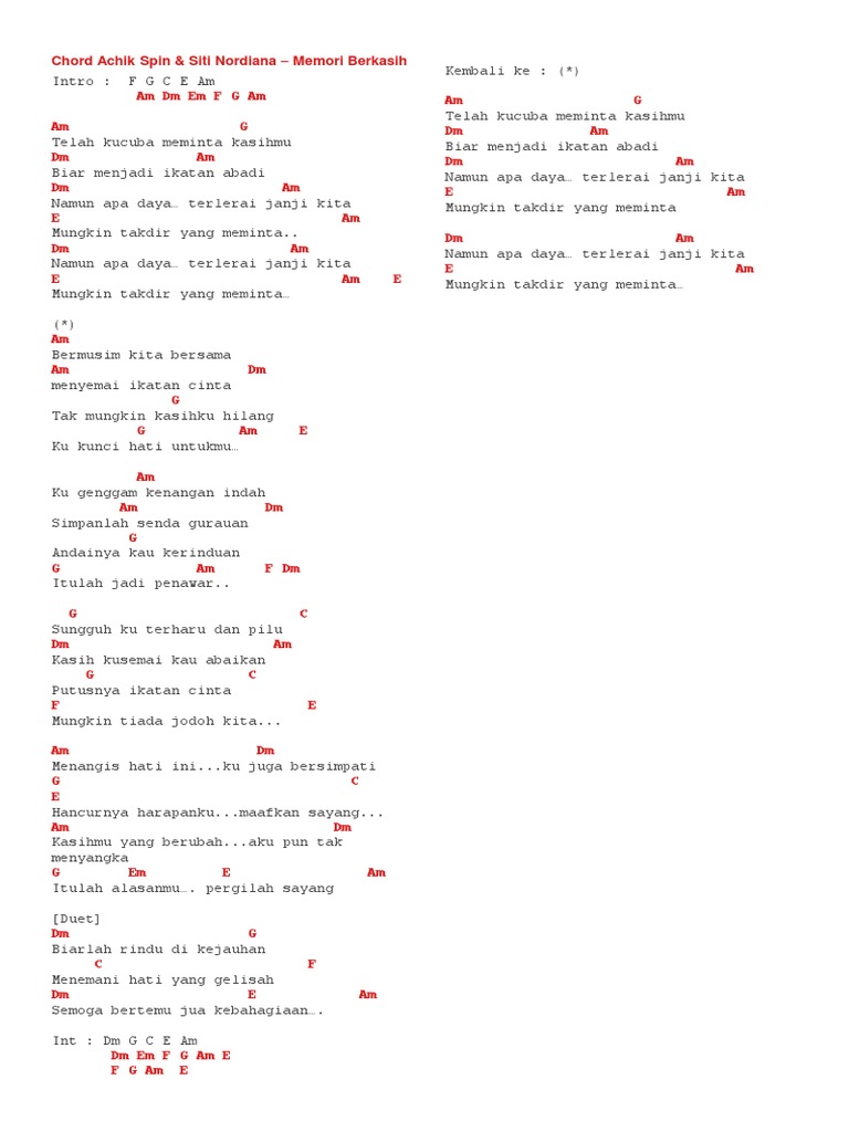 Chord Siti Nordiana Memori Berkasih