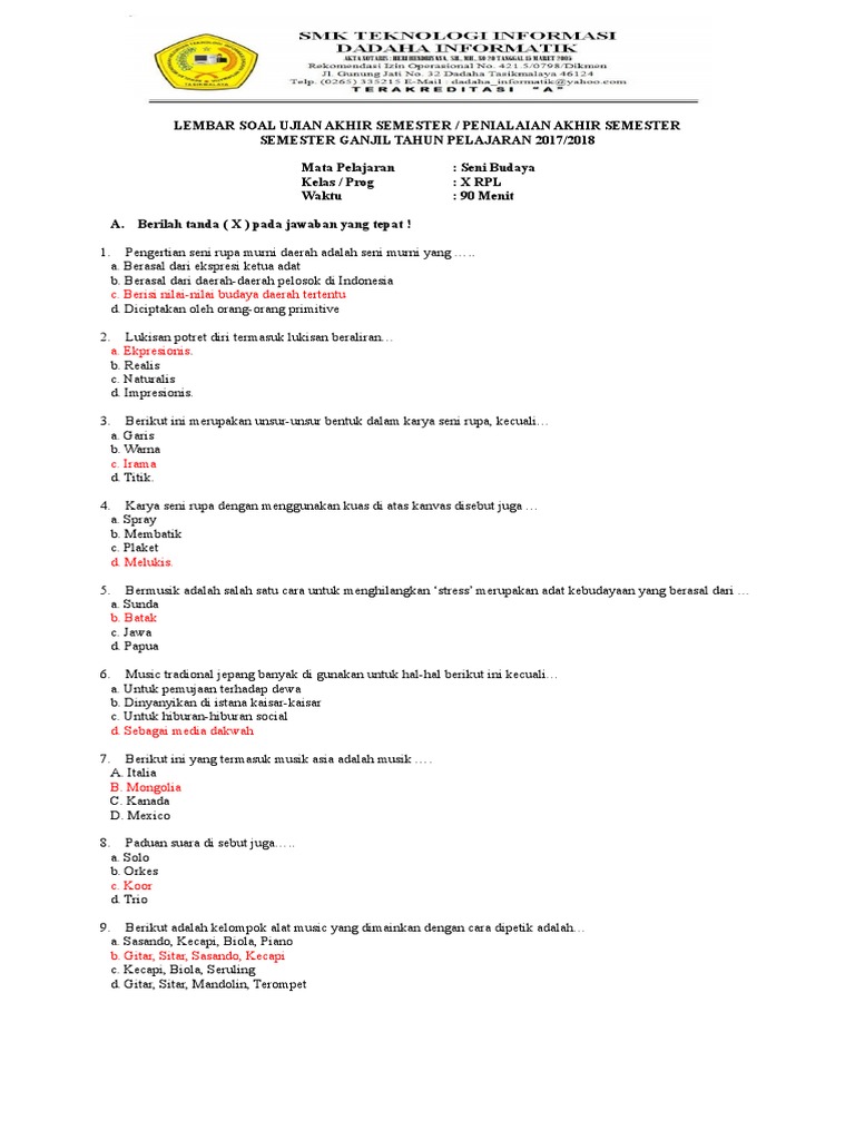 Soal Seni Budaya Kelas X