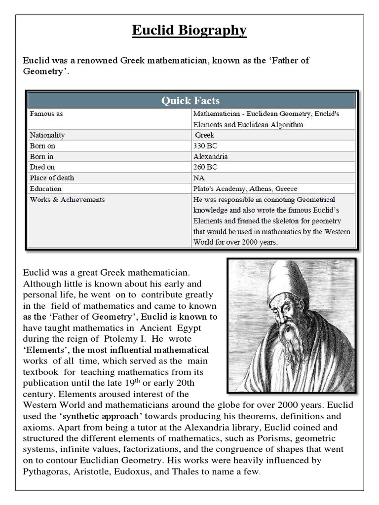 Euclid Biography: Quick Facts | PDF | Euclid | Geometry, image size:768x1024