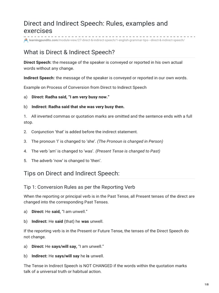 Direct and Indirect Speech Rules Examples and Exercises | PDF | Comma ...
