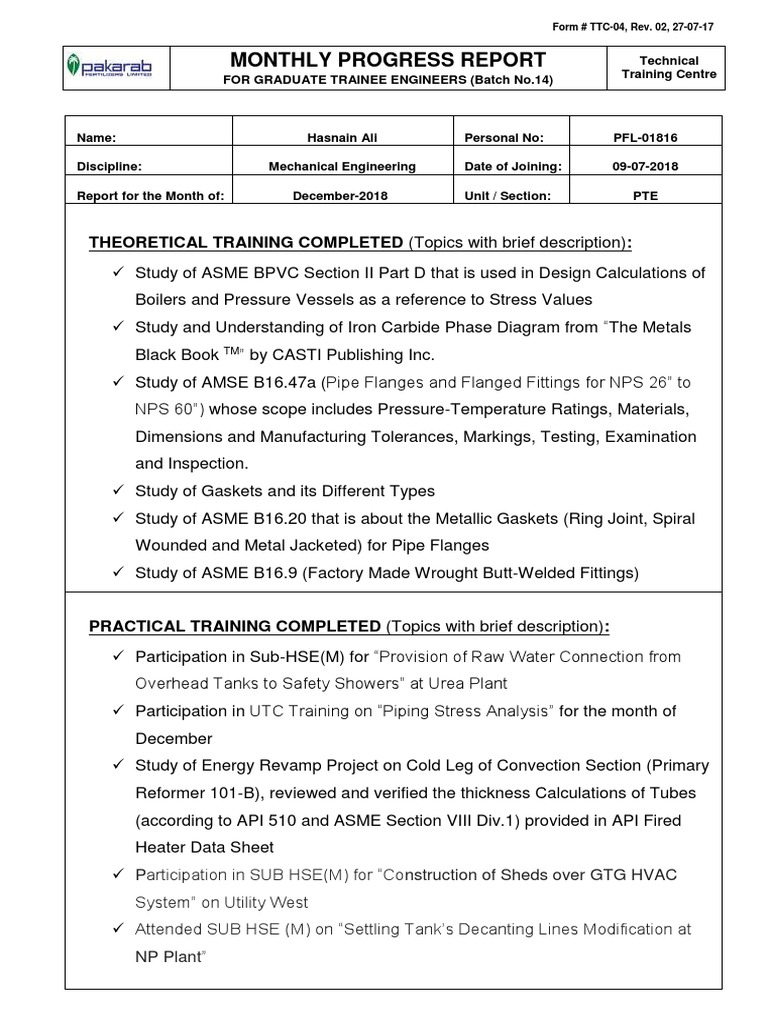 Monthly Progress Report: THEORETICAL TRAINING COMPLETED (Topics With ...