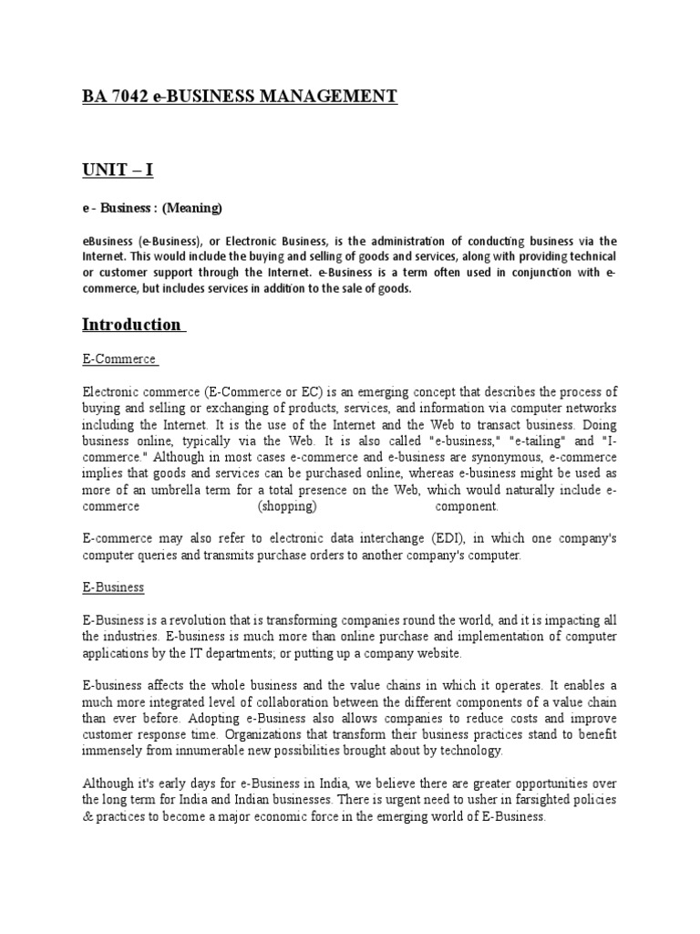E Business Notes PDF Electronic Business E Commerce