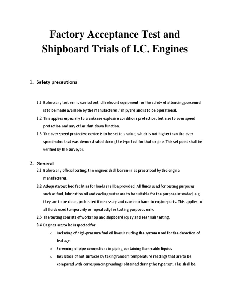 Factory Acceptance Test and Shipboard Trials of I.C. Engines | PDF ...
