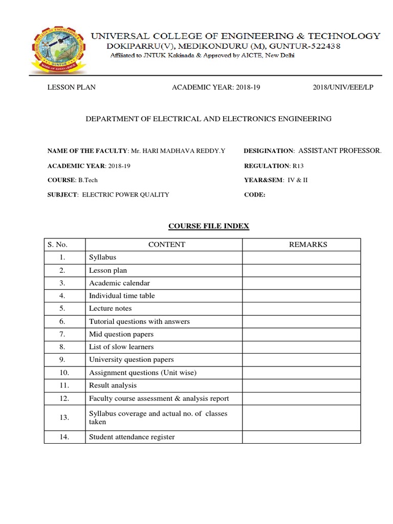 Lesson Plan Academic Year: 2018-19 2018/Univ/Eee/Lp | PDF | Electric ...