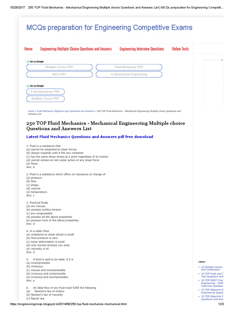 Fluid Mechanics MCQs for Engineers | PDF | Fluid Mechanics | Fluid