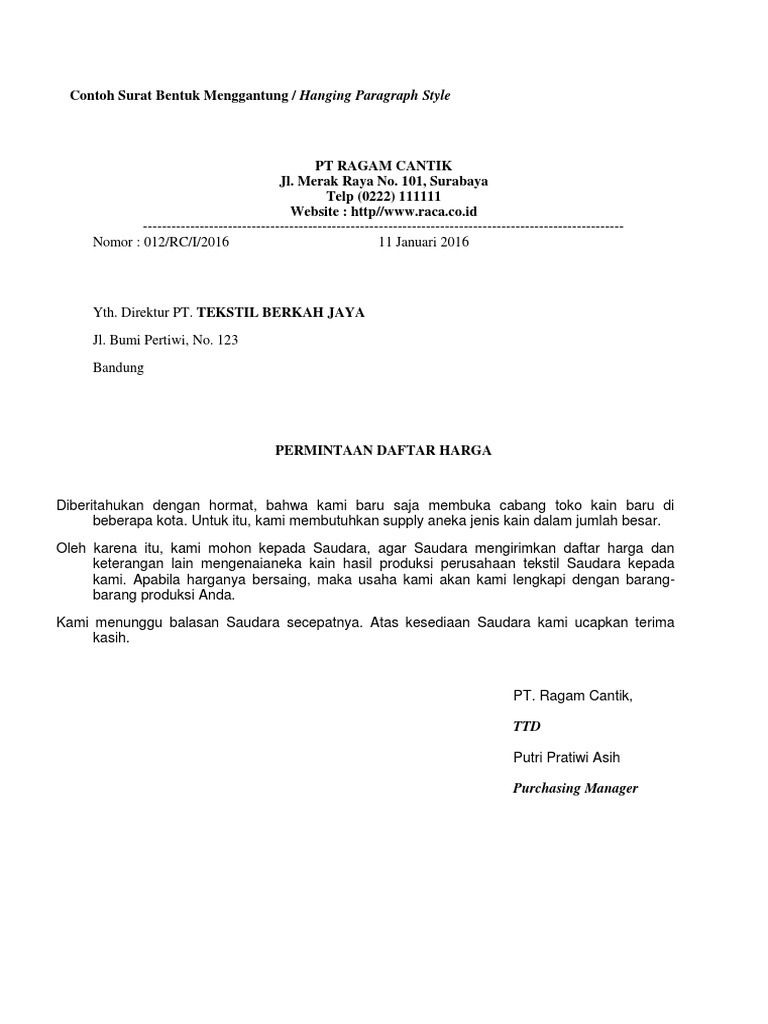Contoh Surat Dalam Bentuk Hanging Paragraph Suratmenyuratnet