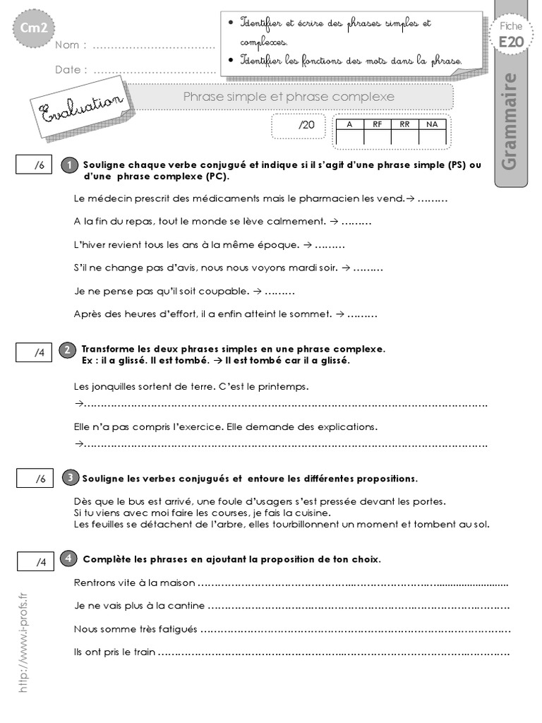 Exercice Les Types De Phrases Cm2 Cm2 Evaluation Phrase Complexe | PDF | Phrase | Mécanique du langage