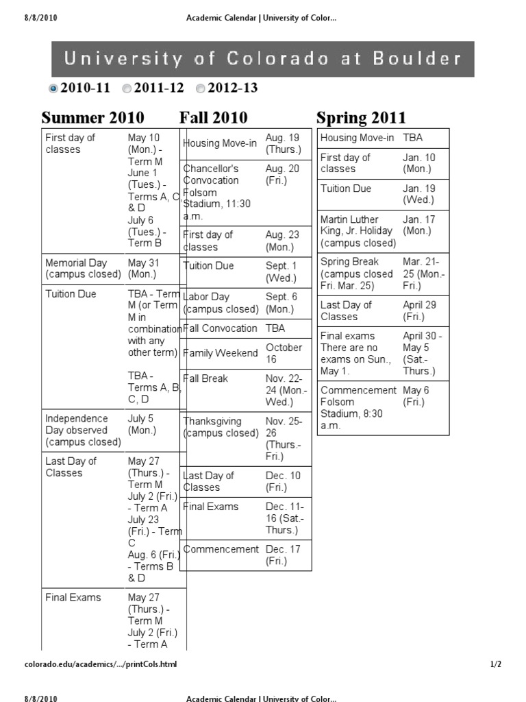 Academic Calendar University of Colorado at Boulder PDF Academic