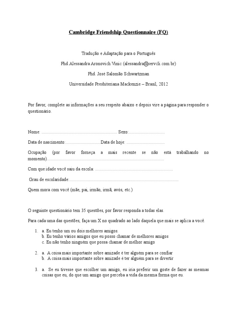 Questionário de Amizade Cambridge | PDF | Amizade | Lazer