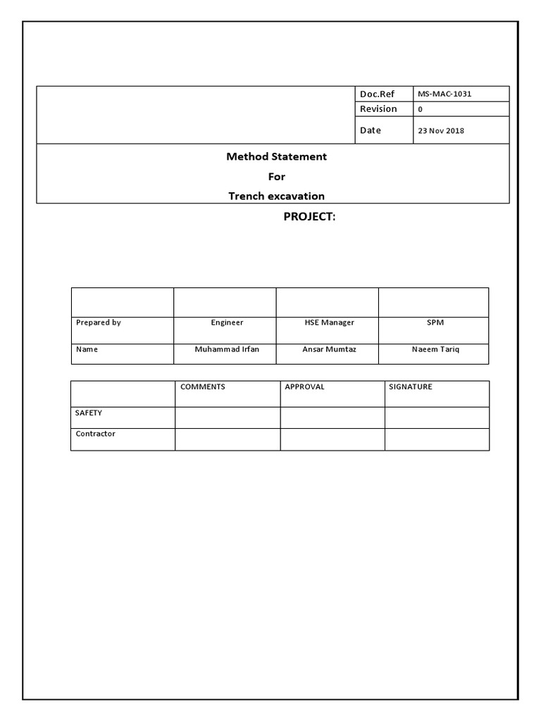 Trench Excavation Method Statement | PDF | Personal Protective ...