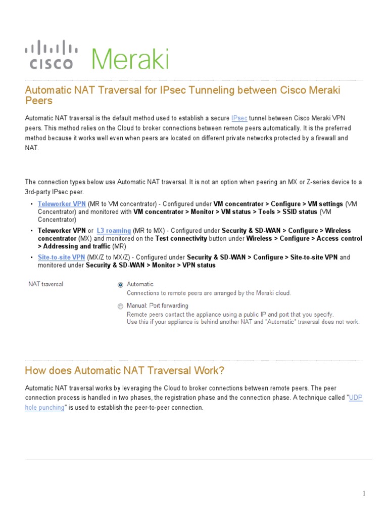 Automatic NAT Traversal For IPsec Tunneling Between Cisco Meraki Peers PDF Port