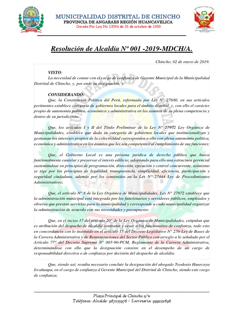 Resolución 01 de Alcaldía Designación de Gerente Municipal Gobierno