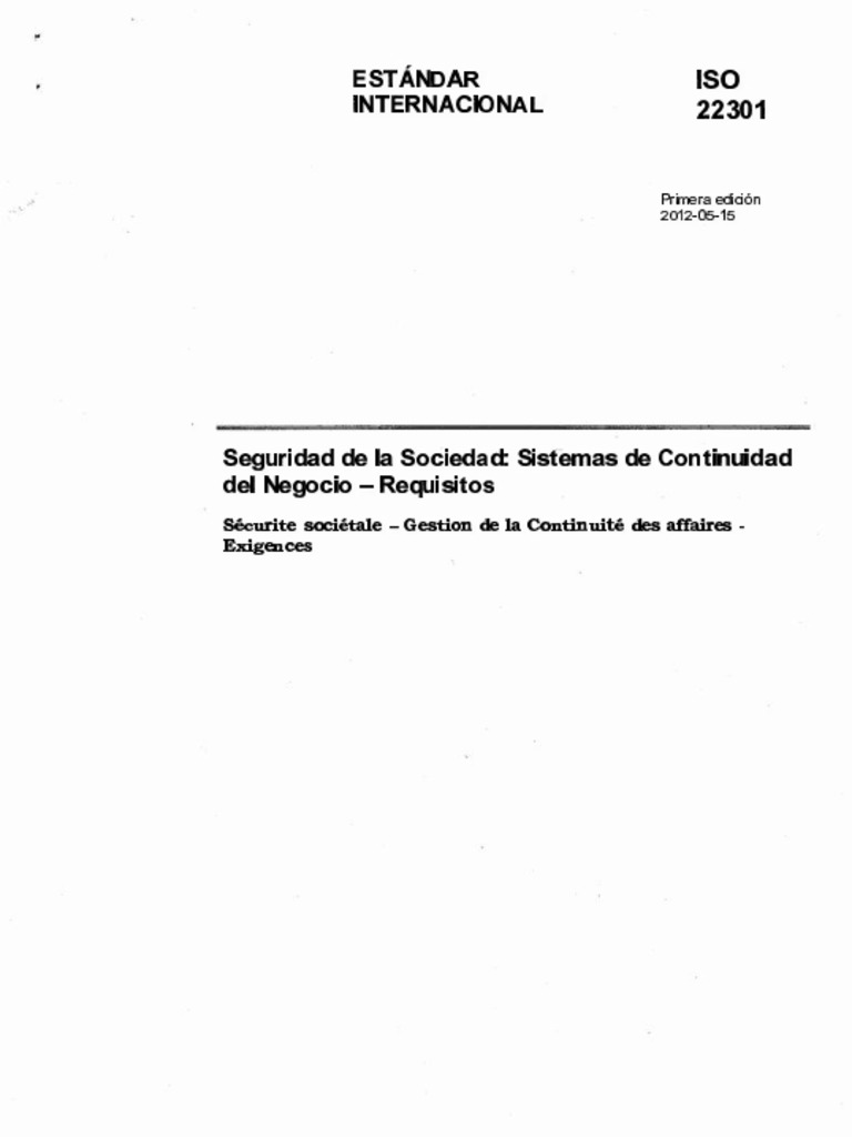 Iso 22301 2012 | PDF | Continuidad del negocio | Planificación