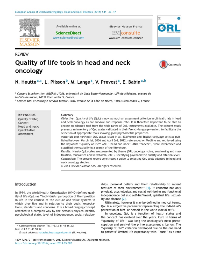Quality of Life Tools in Head and Neck Oncology | PDF | Major ...