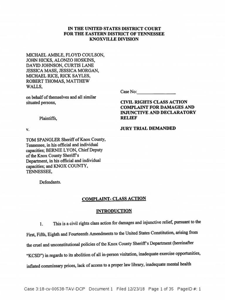 Civil Rights Class Action Complaint Filed by Knox County Inmates | PDF ...