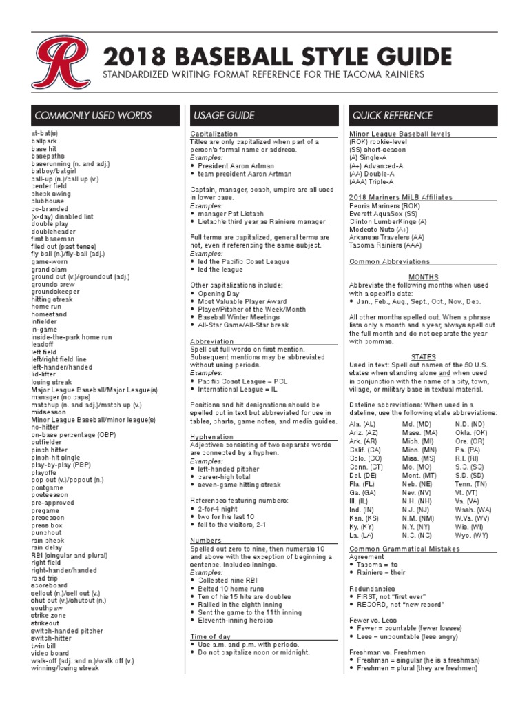 2018 Baseball Style Guide Commonly Used Words Usage Guide Quick