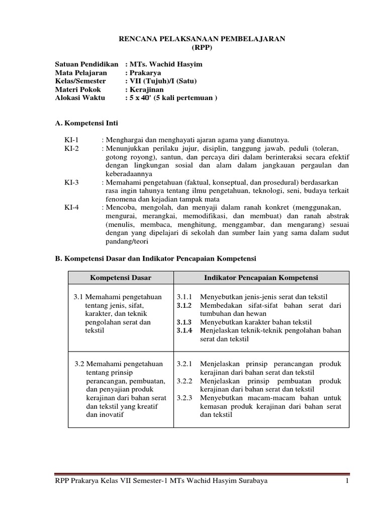 Rpp Prakarya K7 Bab 1 Kerajinan Pdf