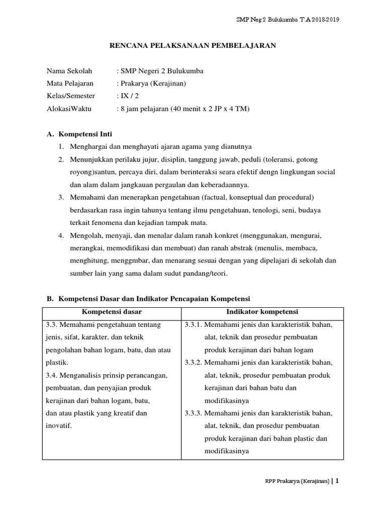 RPP Prakarya  kelas  9  genap kerajinan 