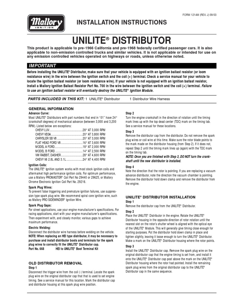 Mallory Instructions Unilite Distributor 37 38 45 47 PDF Inductor Electrical Resistance