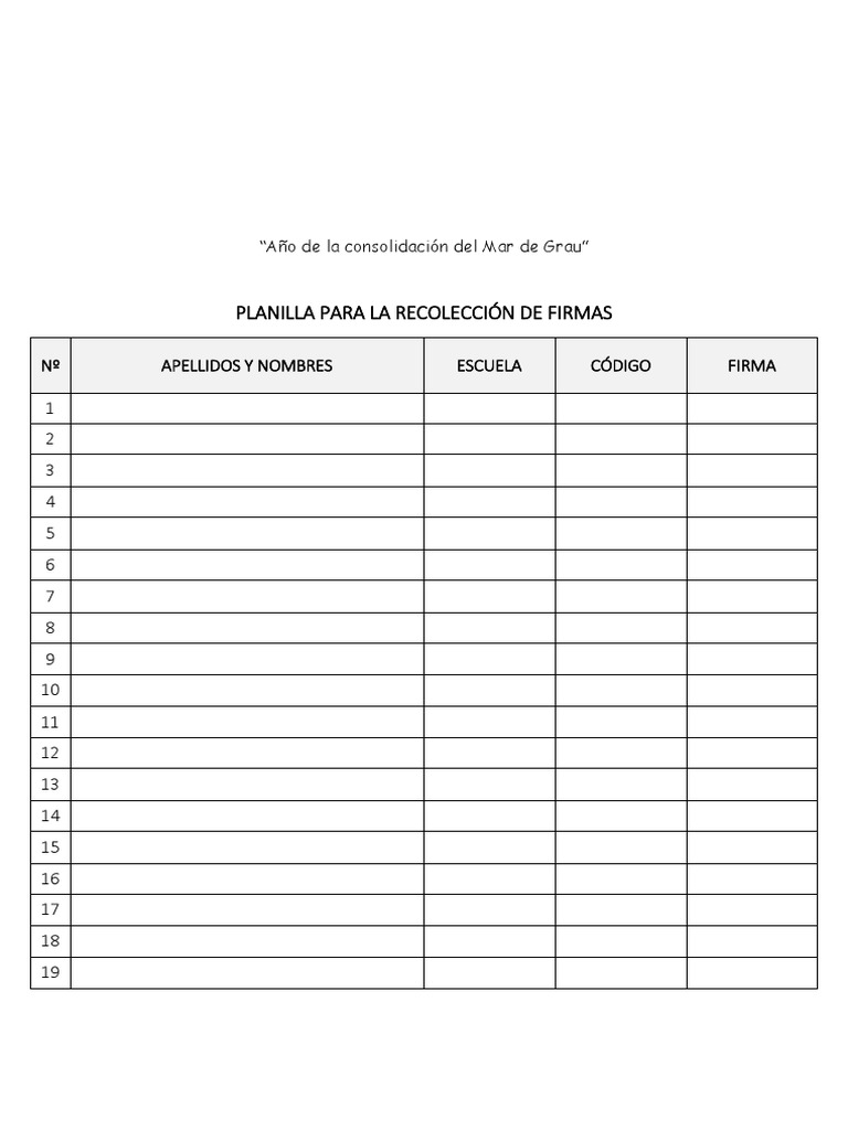 Planilla Para La Recoleccion De Firmas