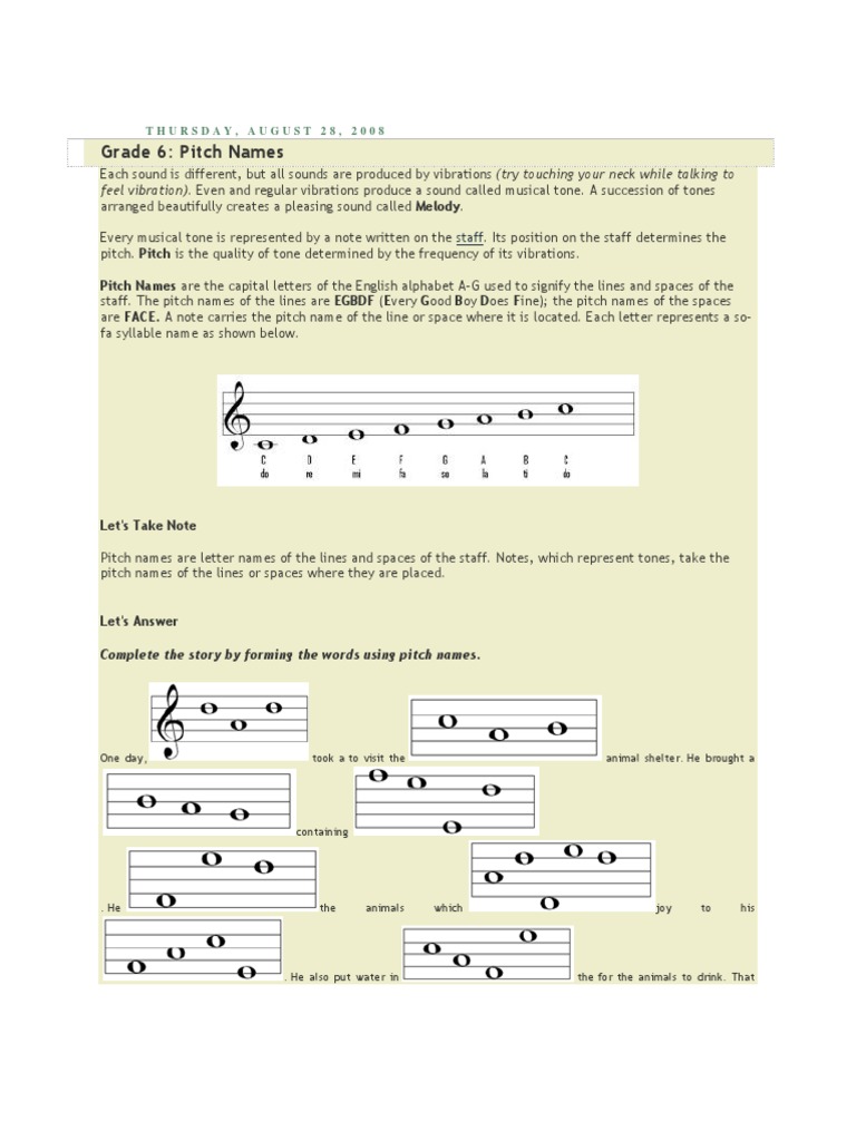 Grade 6 Pitch Names PDF