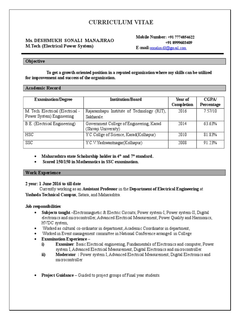 Curriculum Vitae Ms. Deshmukh Sonali Manajirao M.Tech (Electrical