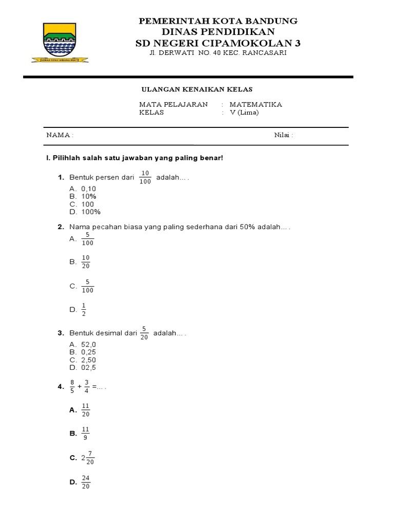 Soal Ukk Matematika Kelas 5 Semester 2 Asli Docx