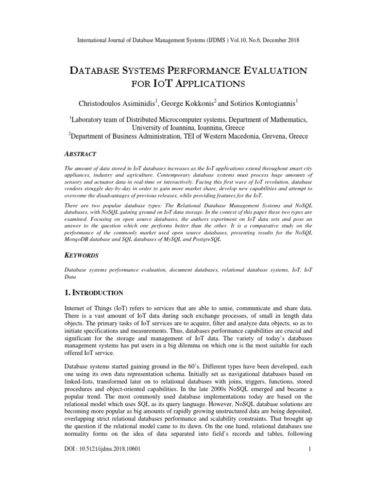 IoT Database Performance Evaluation | PDF | Postgre Sql | Mongo Db