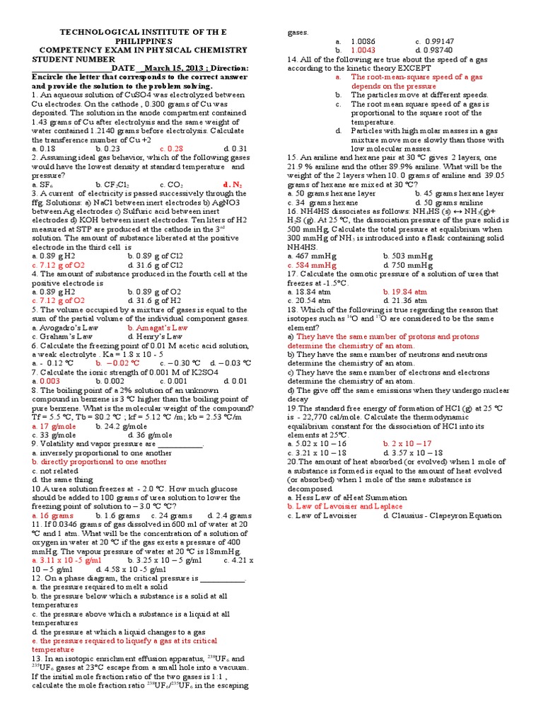 Physical Chemistry Competency Exam | PDF | Gases | Mole (Unit)