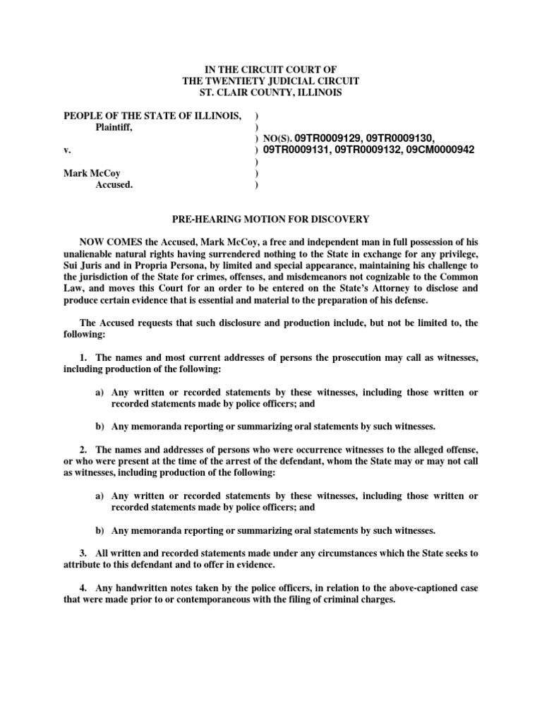 Traffic Pretial Motion for Discovery Discovery (Law) Witness
