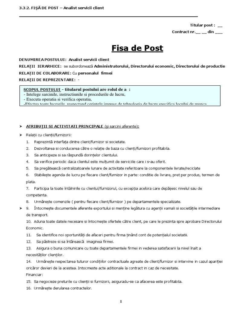 Fisa Post - Analist Clienti | PDF