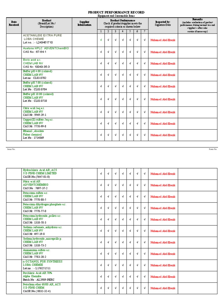 Product Performance Evaluation Record | PDF | Materials | Chemical ...
