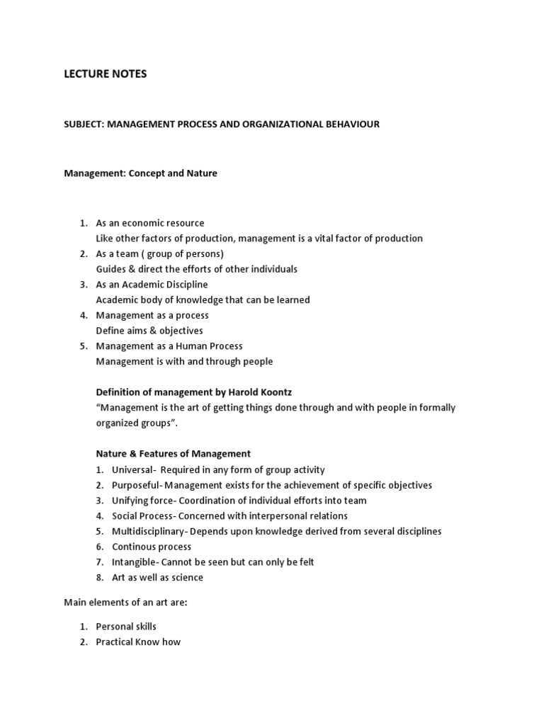 Lecture Notes Subject Management Process and Organizational Behaviour